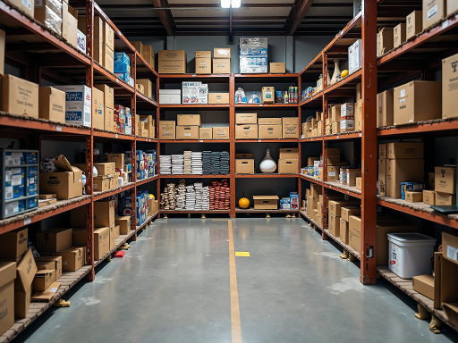 Modern warehouse facility with organized storage of various promotional products including cups, umbrellas and home goods, industrial setting, bright lighting